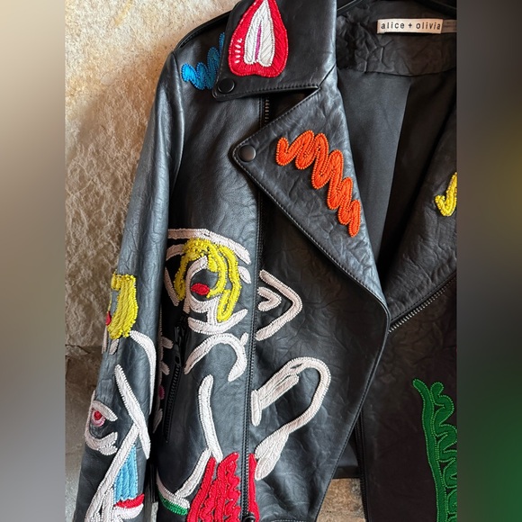 Alice + Olivia Black Leather Moto Jacket with Multicolor Embroidered Accents - Picture 6 of 6